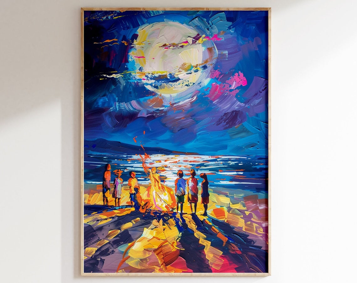 Beach Bonfire Gathering Under Giant Moon Night Ocean Art Poster