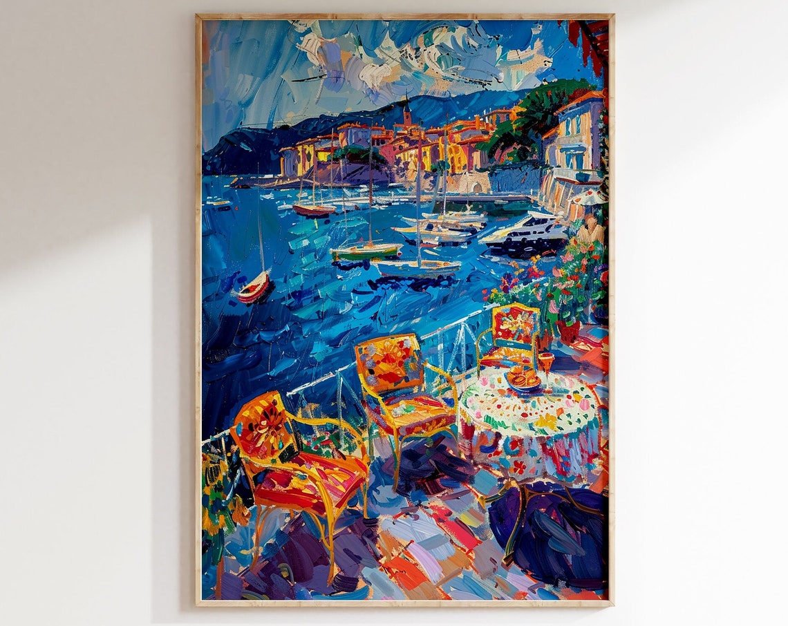 Mediterranean Harbor Town Boats Cafe Terrace Vibrant Art Poster