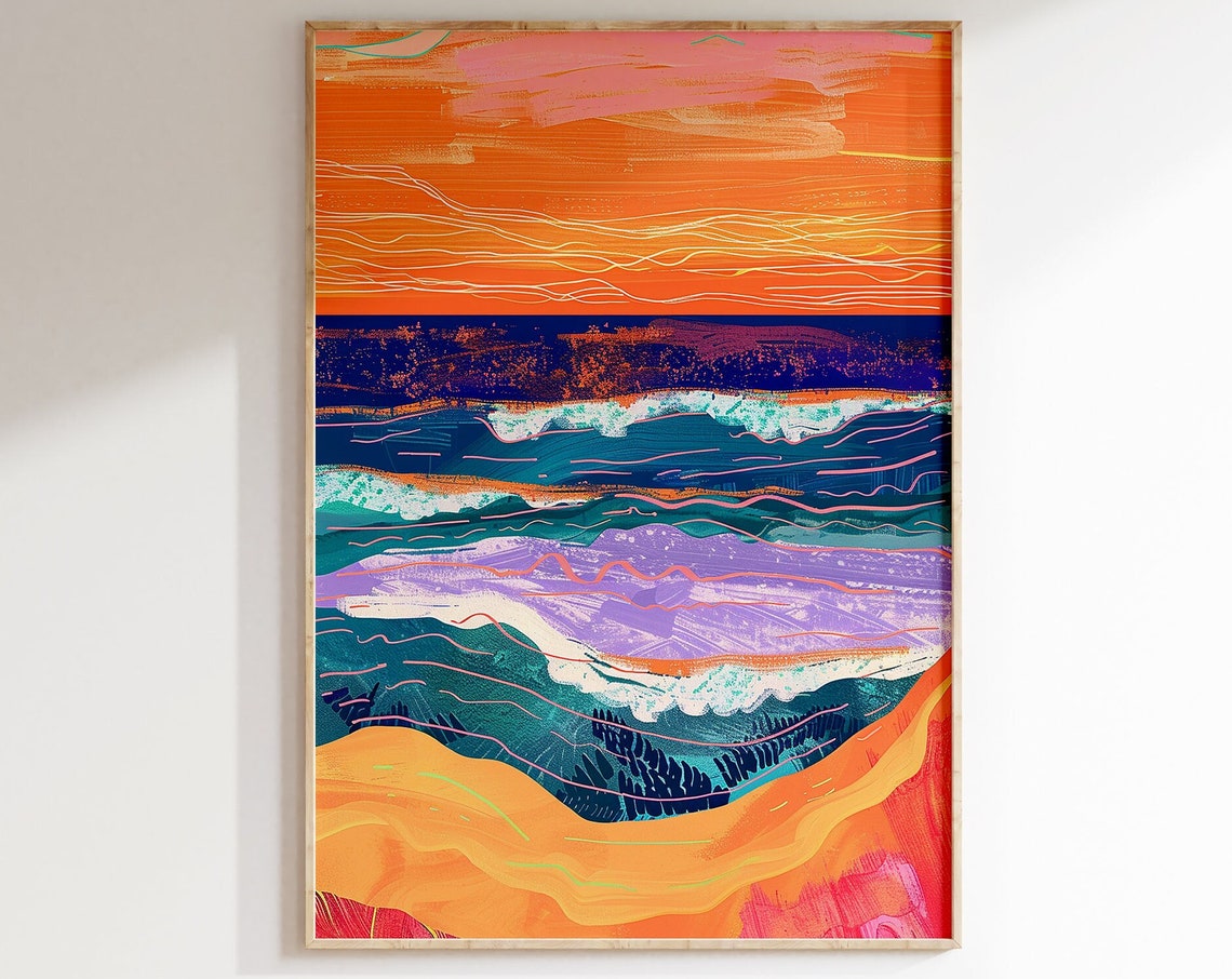 Abstract Orange Sunset Ocean Waves Minimal Line Art Color Poster