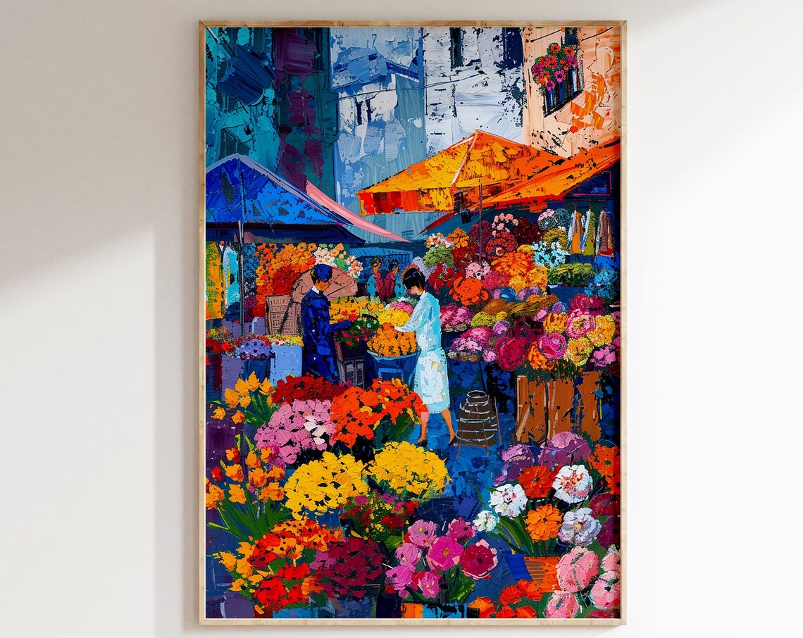 Flower Market Orange Blue Awnings Bright Blooms Shoppers Poster