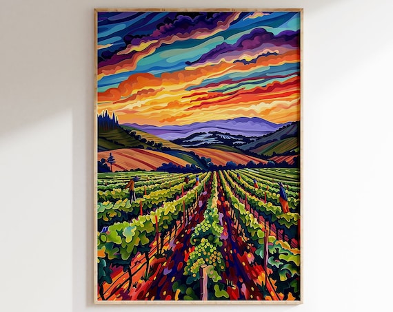 Vineyard Rows Dramatic Sunset Swirling Sky Rolling Hills Poster