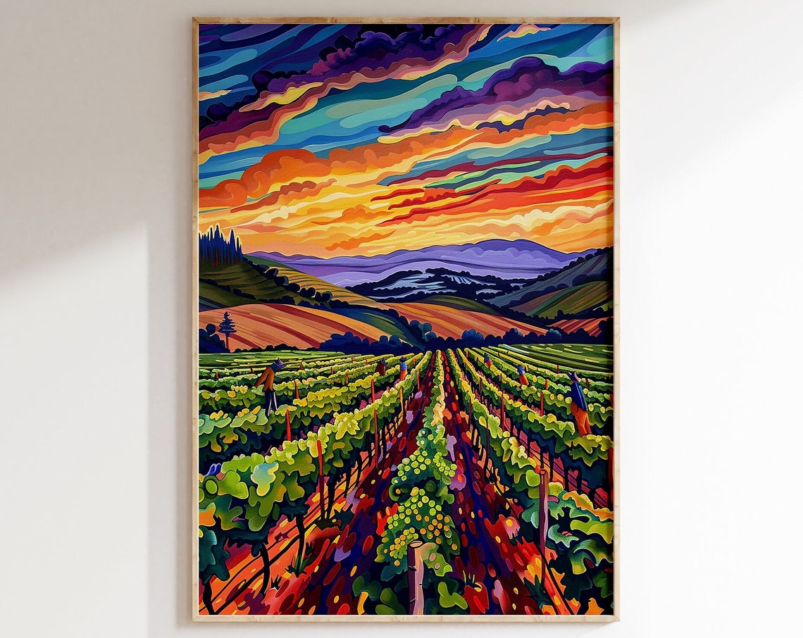 Vineyard Rows Dramatic Sunset Swirling Sky Rolling Hills Poster