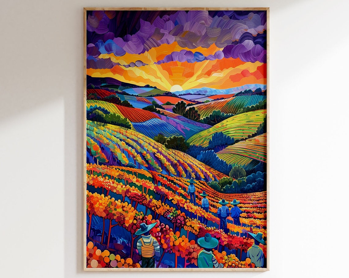Grape Harvest Sunrise Terraced Vineyard Workers Painting Poster