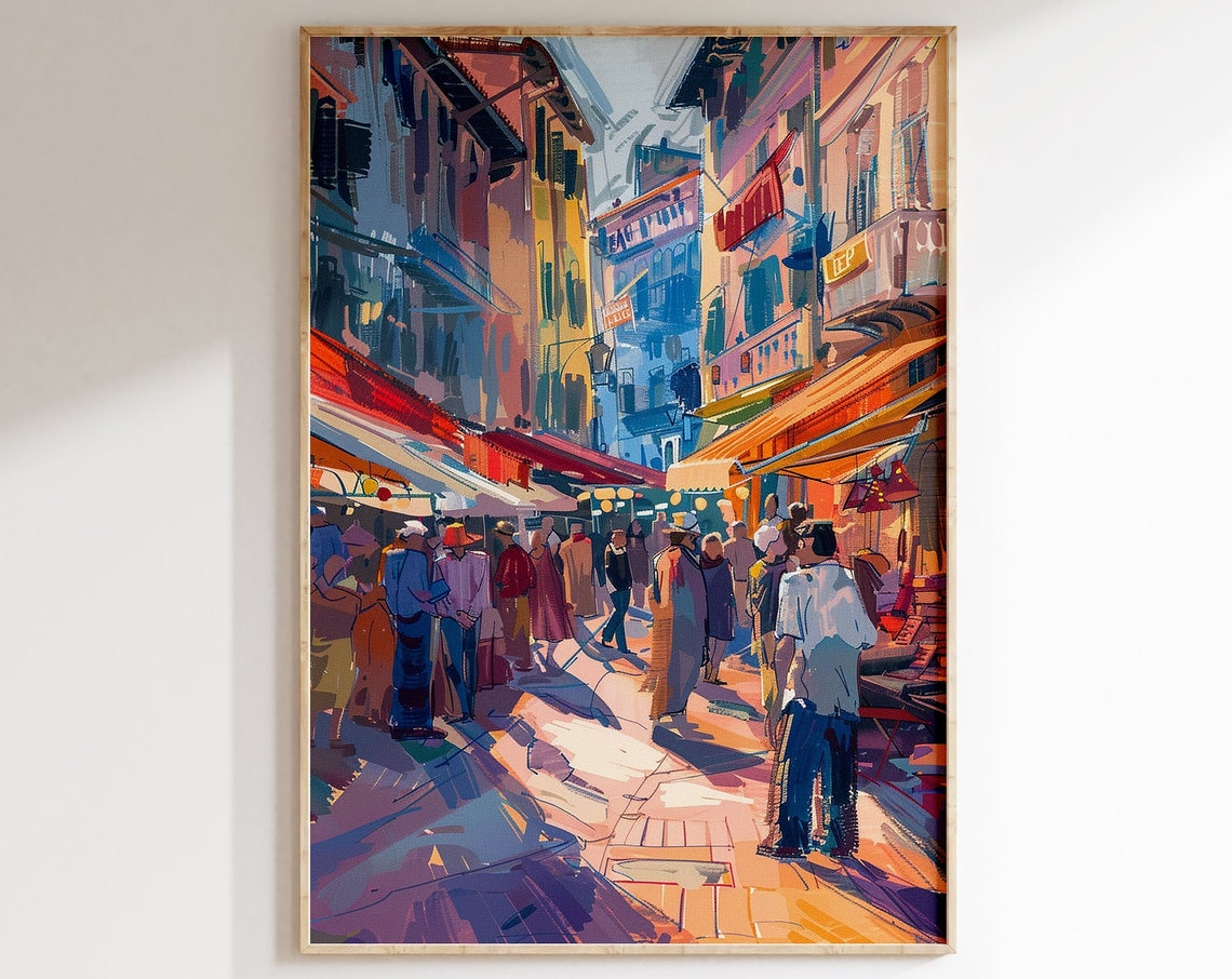 Busy Market Street with Stalls Colorful Impressionist Painting Poster - Image 5