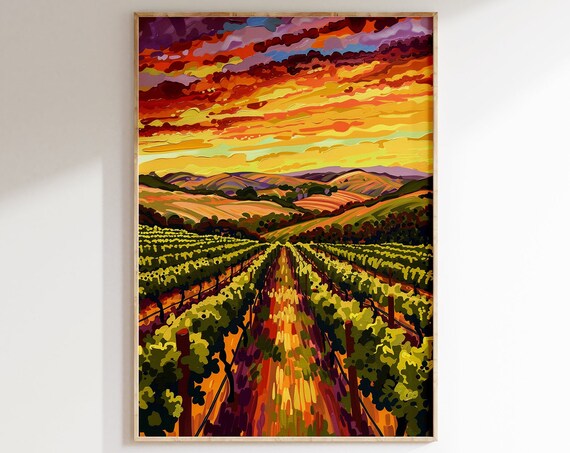 Vineyard Valley Golden Rows Red Orange Sunset Landscape Poster