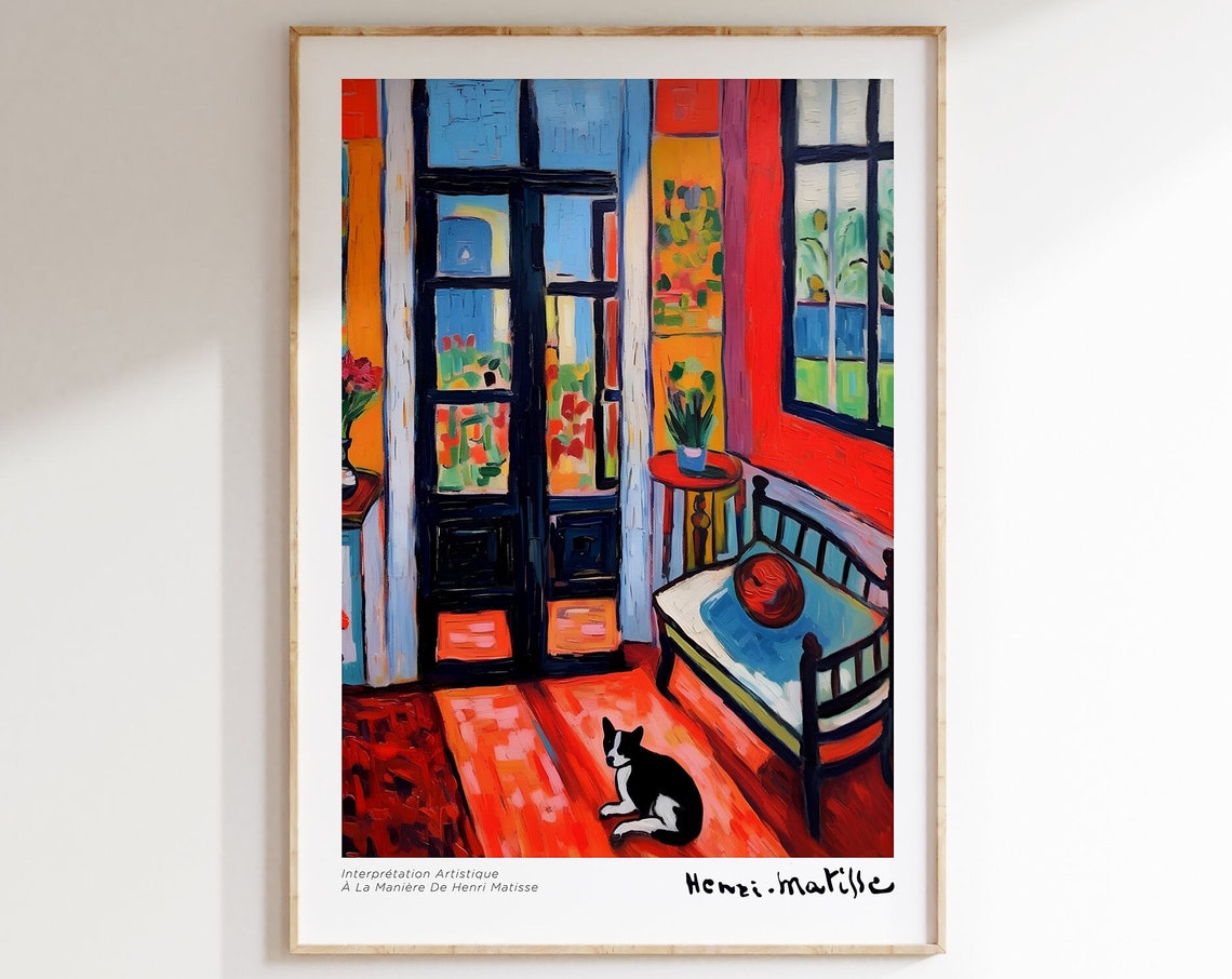 Matisse Style Red Interior with Black Cat French Doors Art Poster