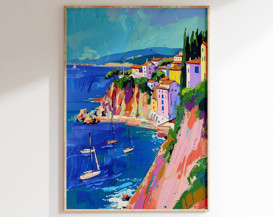 Mediterranean Coastal Cliff Village Sailboats Oil Painting Poster
