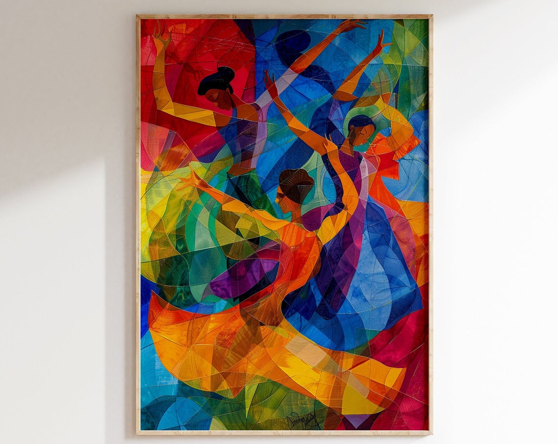 Cubist Dancers Swirling Rainbow Colors Joyful Movement Poster