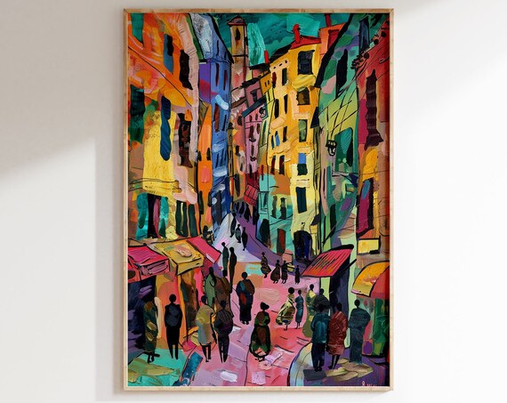 Colorful Old Town Street Market Awnings Crowd Painting Poster