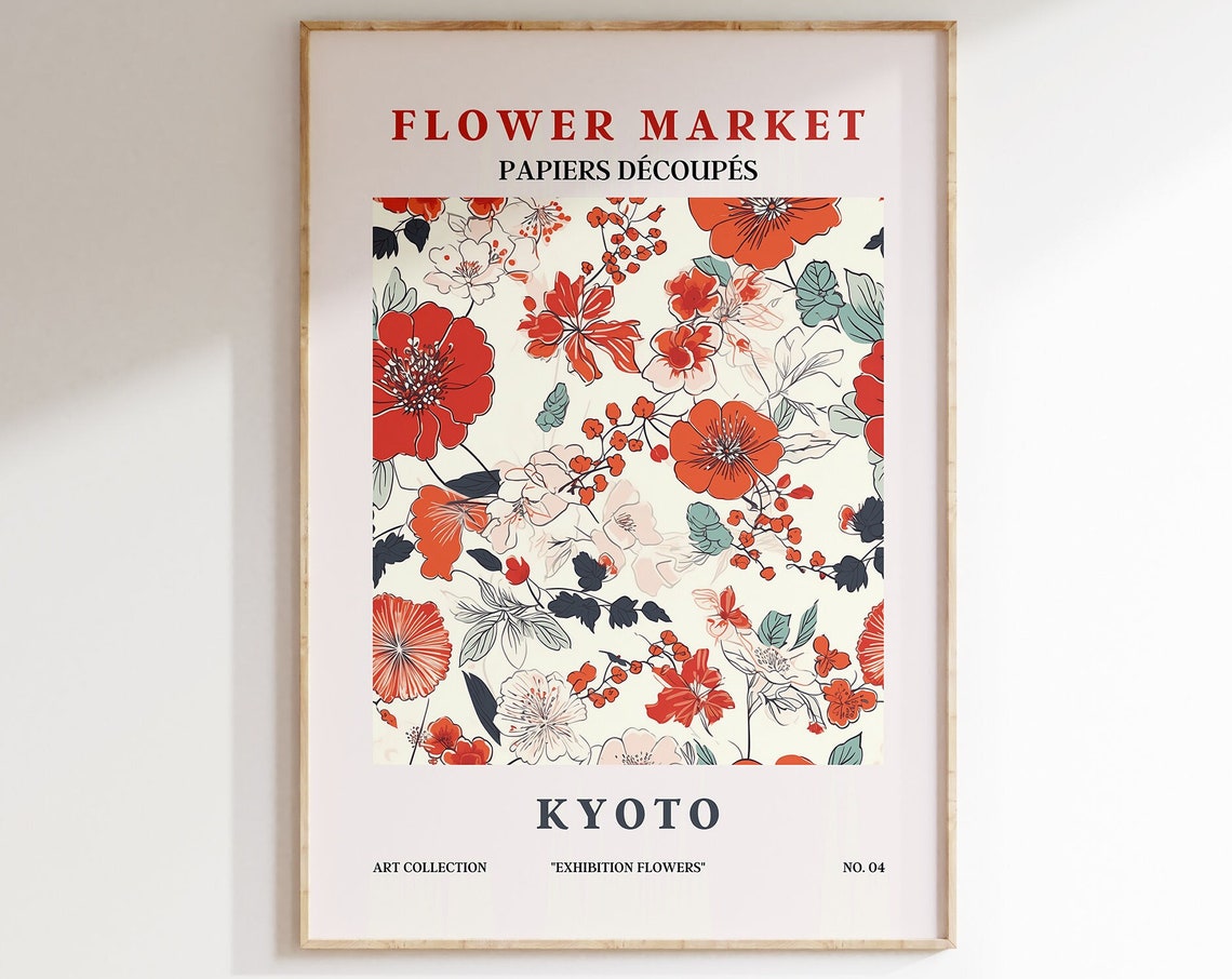 Flower Market Kyoto Red Orange Blossom Teal Accents Pattern Poster