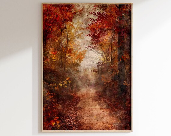 Misty Autumn Forest Path Golden Falling Leaves Painting Poster