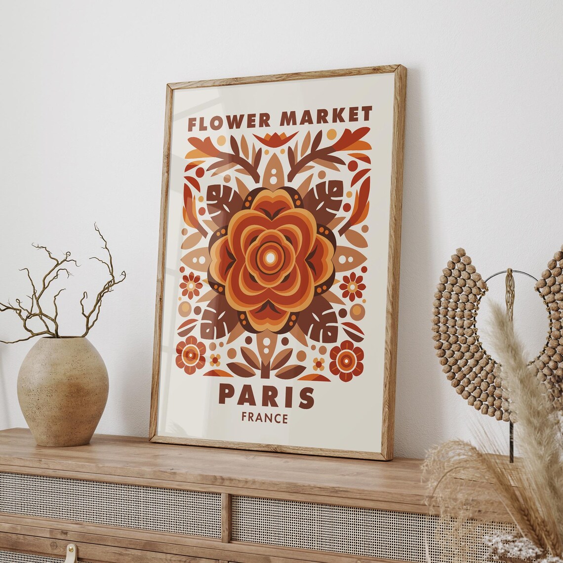 Flower Market Paris France Autumn Folk Floral Medallion Art Poster - Image 3