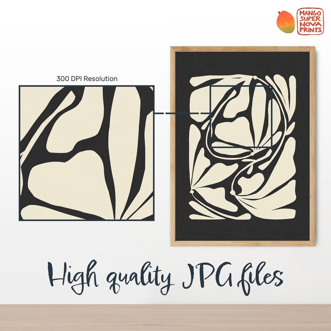 Abstract Botanical Leaf Shapes Black Cream Mid Century Modern Poster - Image 2