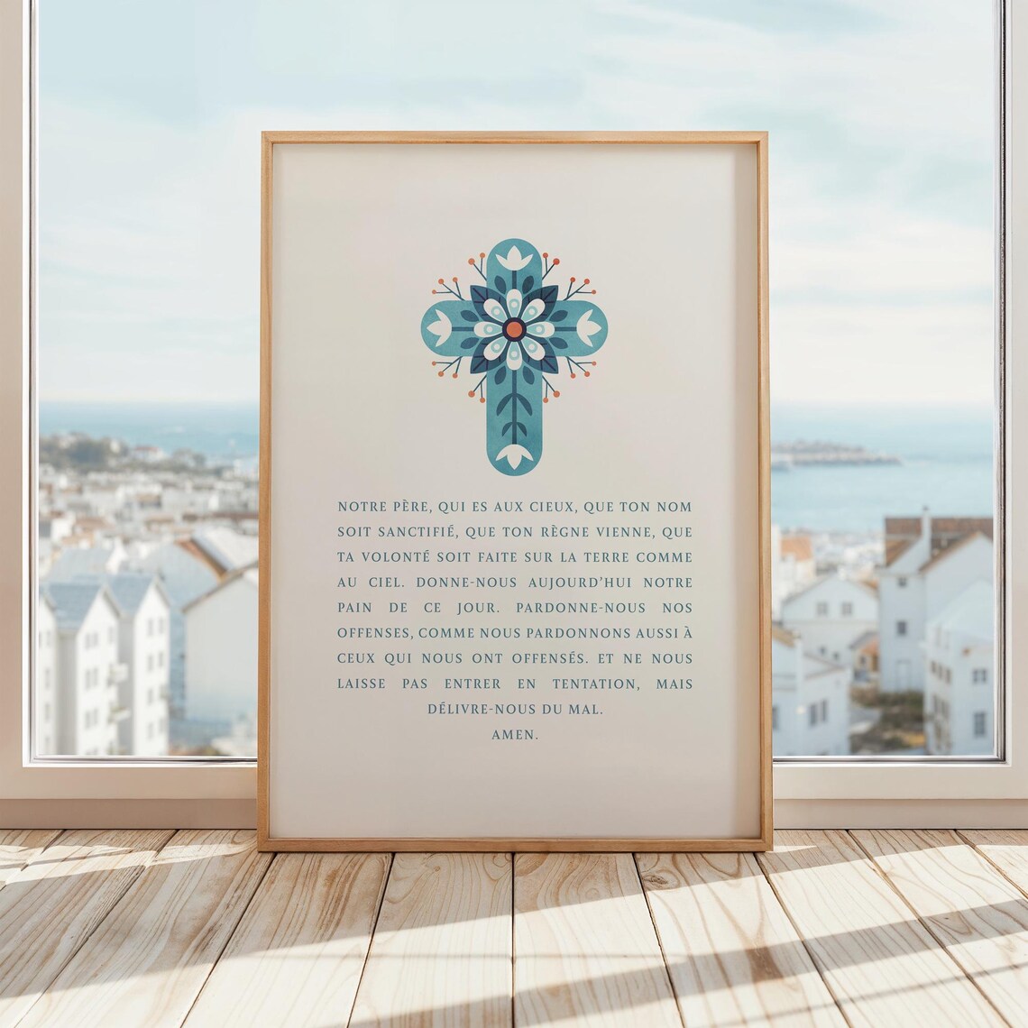 Notre Pere Our Father Prayer French Christian Folk Cross Art Poster - Image 3