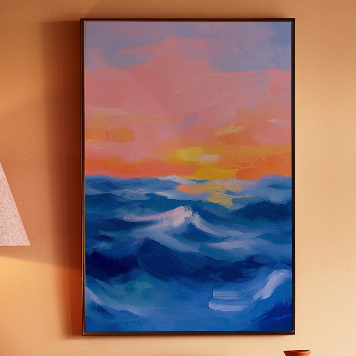 Ocean Waves Beneath a Pink and Orange Sunset Sky Panoramic Poster