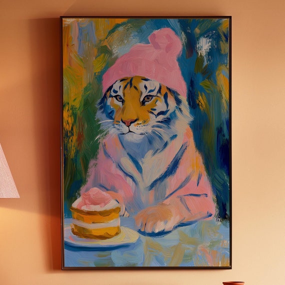 Tiger Poster Pink Kitsch Aesthetic Colorful Art Preppy Wall Art Trendy Decor Maximalist Bathroom Wall Art Dopamine Decor Living Room