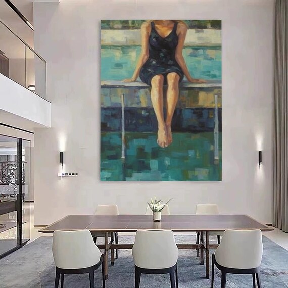 Woman Sitting Pool Edge Turquoise Water Summer Relaxing Oil Art Poster