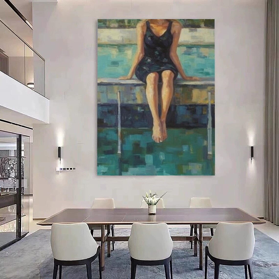 Woman Sitting Pool Edge Turquoise Water Summer Relaxing Oil Art Poster