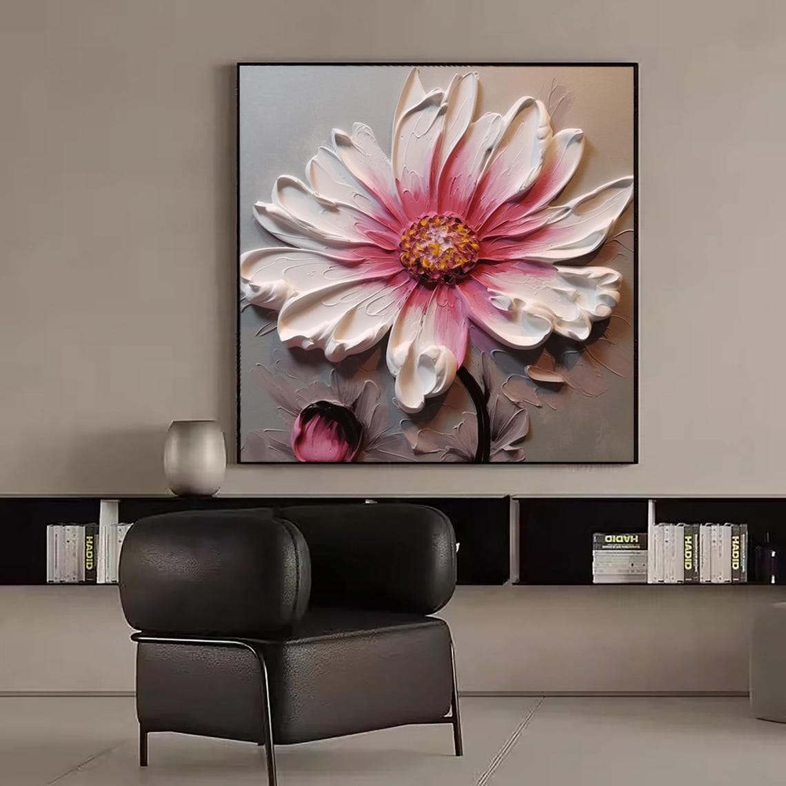 White Pink Daisy Flower Bud 3D Impasto Blooming Floral Square Poster - Image 4