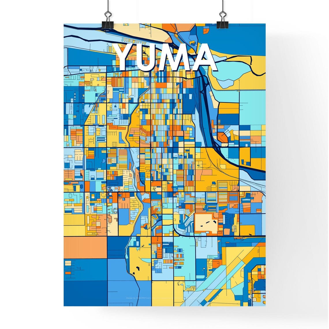 Yuma Arizona Stylish Vibrant Blue and Orange Mosaic City Map Poster - Image 4