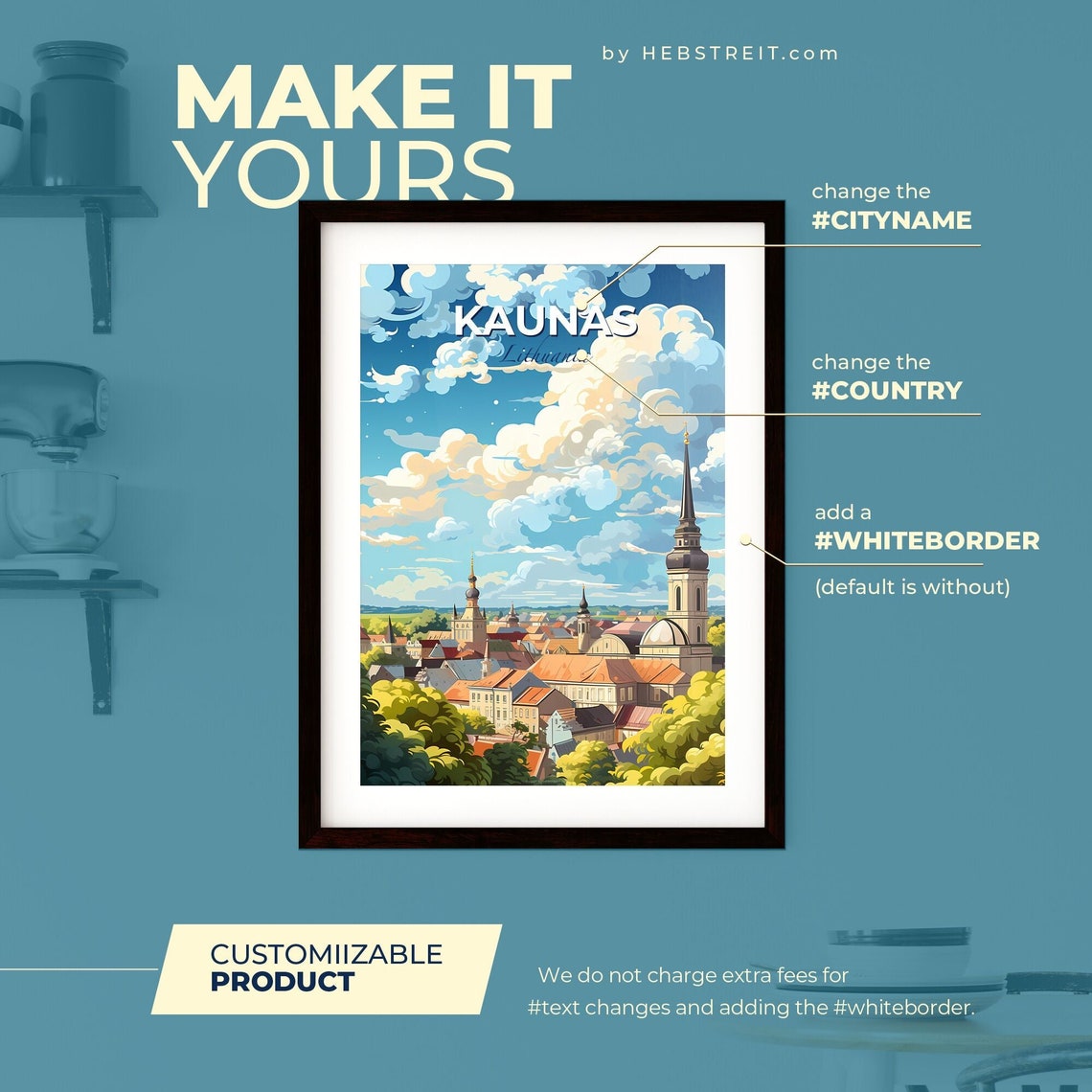 Kaunas Lithuania Illustrated Old Town Skyline Travel Art Poster - Image 2