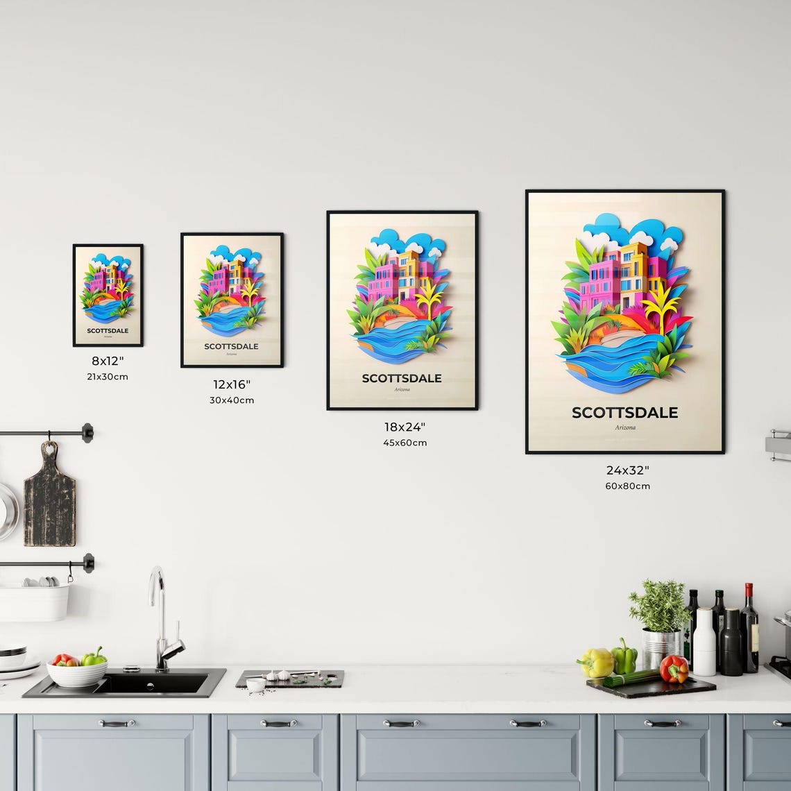 Scottsdale Arizona Palms Water Colorful Paper Cut Art Poster - Image 3