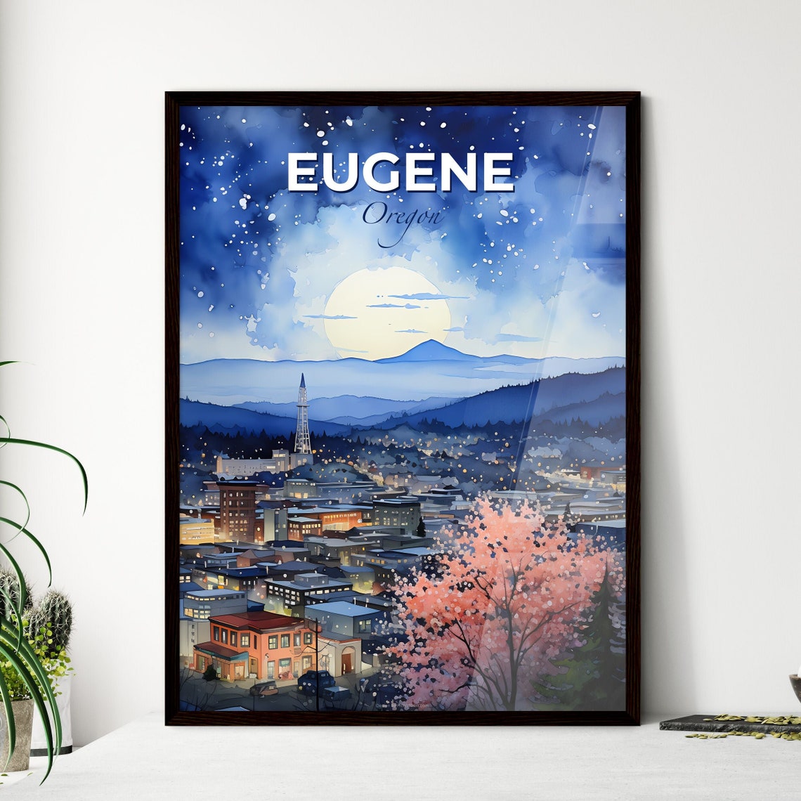 Eugene Oregon Moonlit Night Cityscape Mountain View Travel Poster