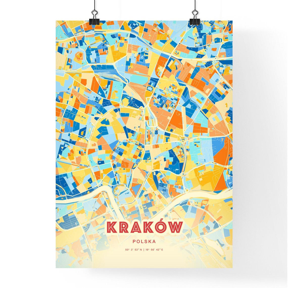 Krakow Poland Elegant Pastel Blue and Orange Fine Art Map Print - Image 3