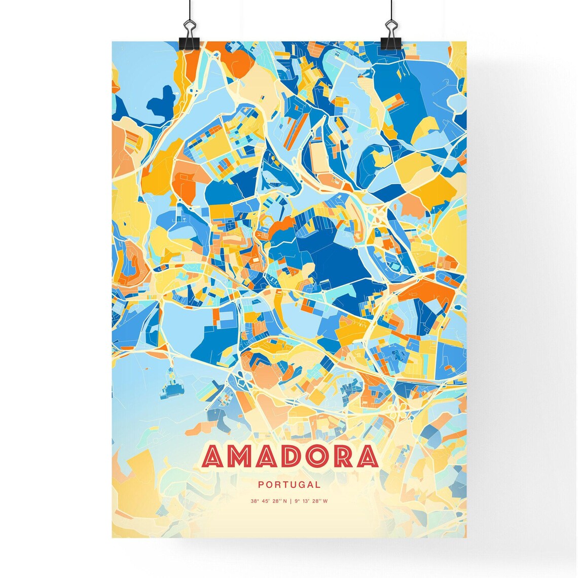 Amadora Portugal Modern Colorful City Map Blue Orange Poster - Image 3