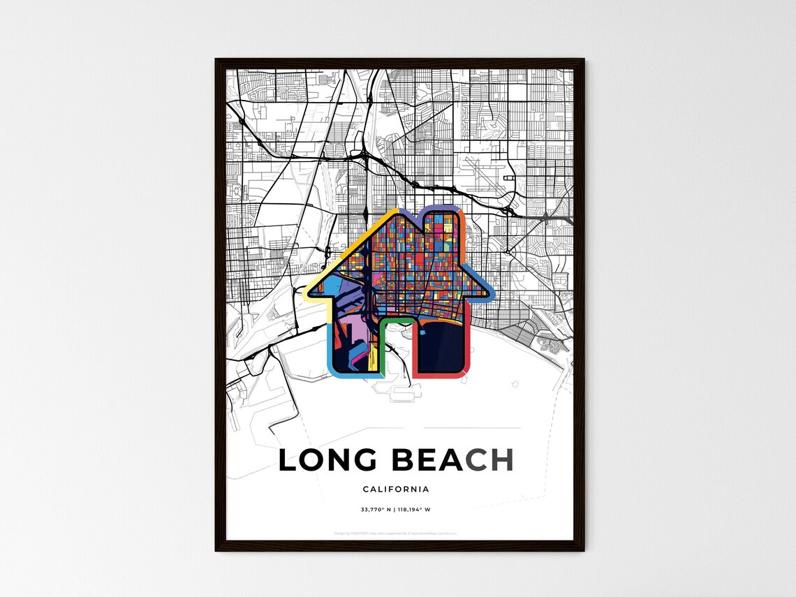 Long Beach California Minimal Map Art With Colorful Heart Icon Poster - Image 3