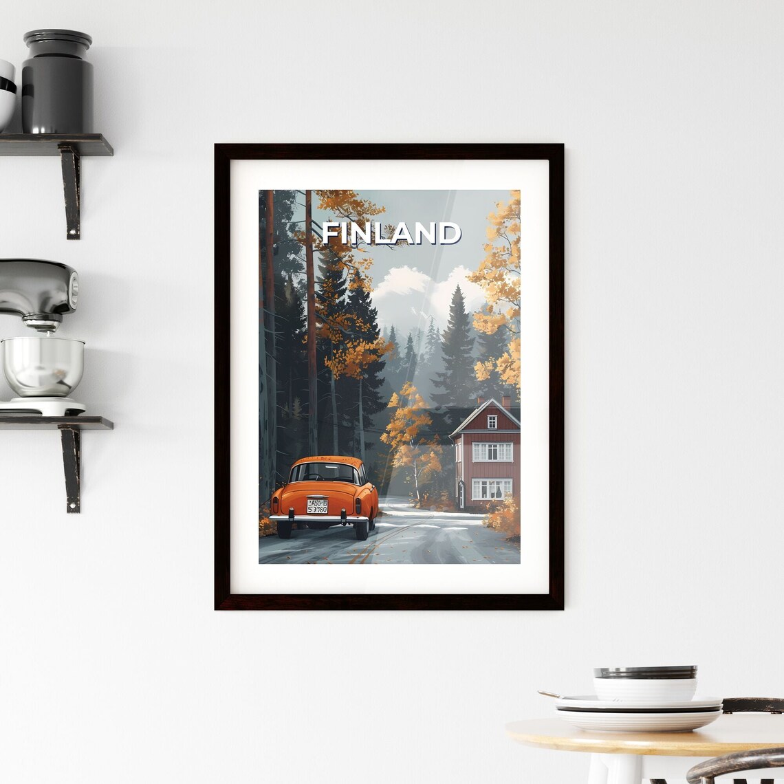 Finland Autumn Forest Road Orange Vintage Car Travel Art Poster - Image 2