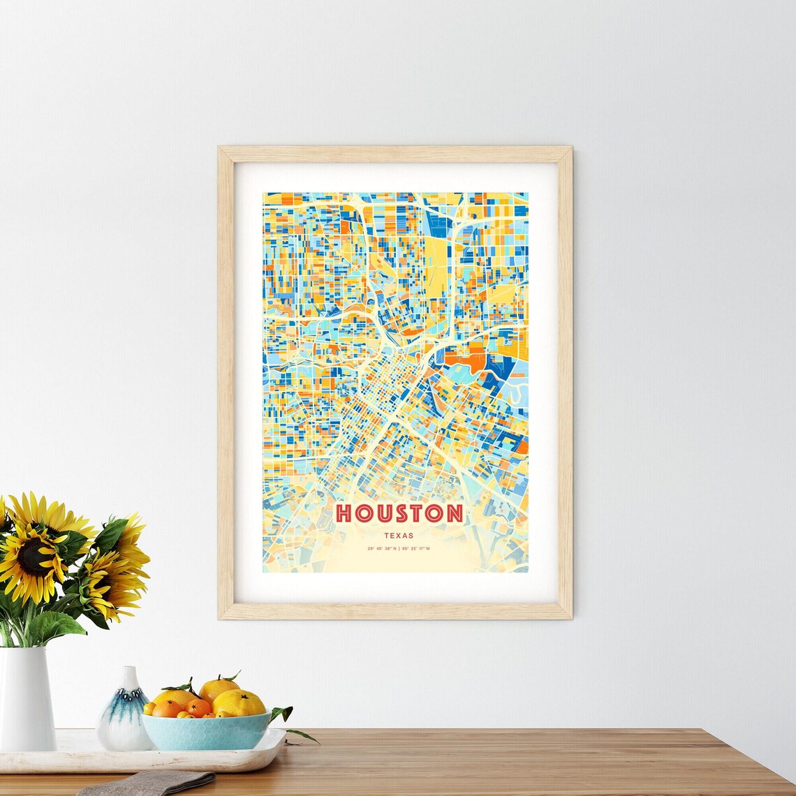 Houston Texas Bold Blue Orange Abstract City Street Map Art Poster - Image 2