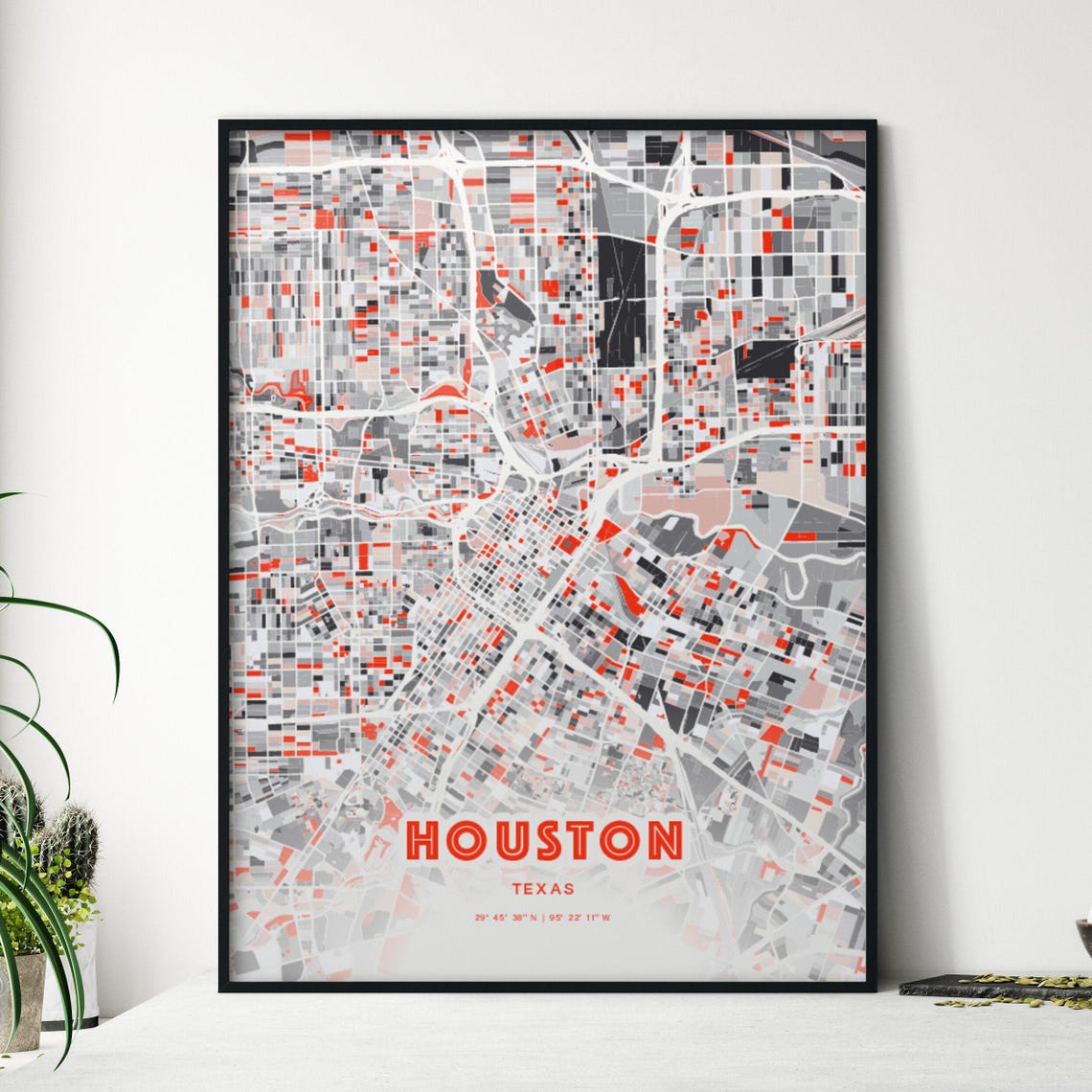 Houston Texas Modern Red Gray Expressive City Map Poster Customizable