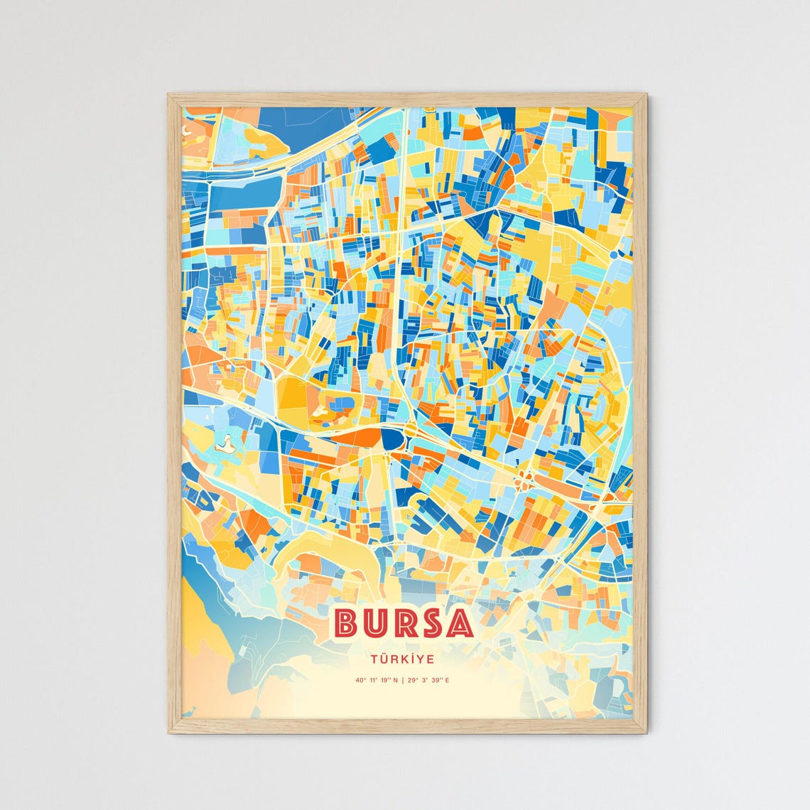 Bursa Turkey Bold Vibrant Blue Orange Mosaic City Map Poster