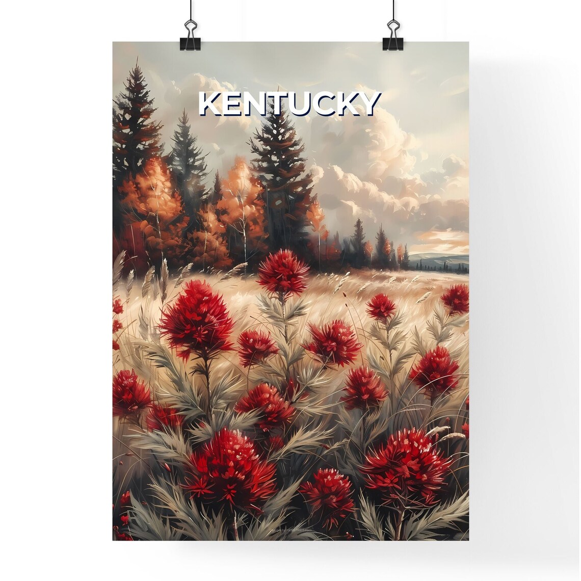 Kentucky Red Poppies Field Forest Landscape Painting Art Poster - Image 4