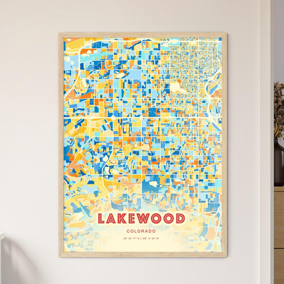 Lakewood Colorado Modern Geometric Blue Orange City Map Art Poster