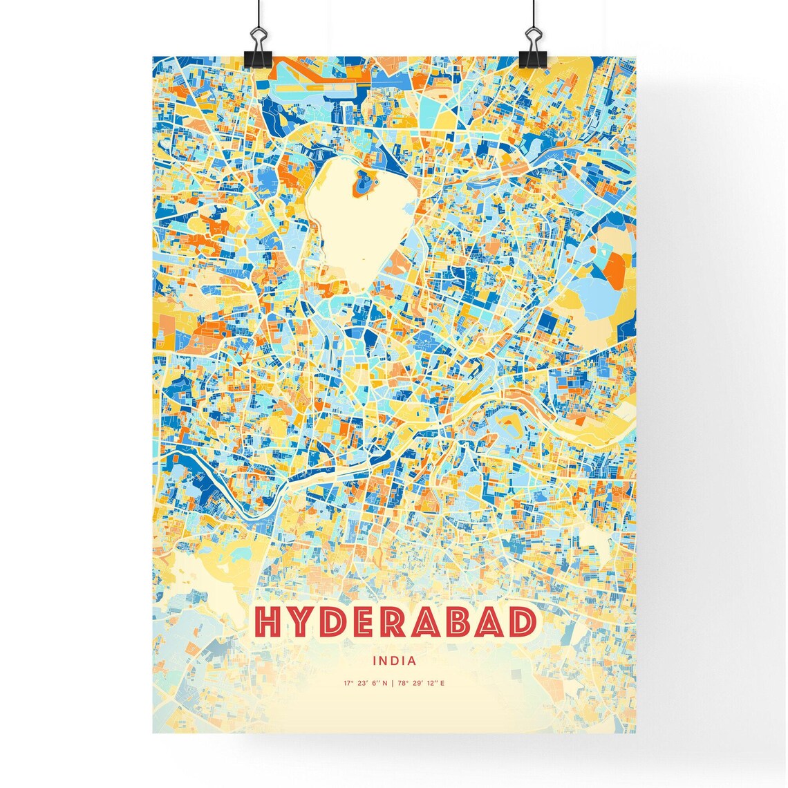 Hyderabad India Modern Blue Orange Street Grid City Map Art Poster - Image 3