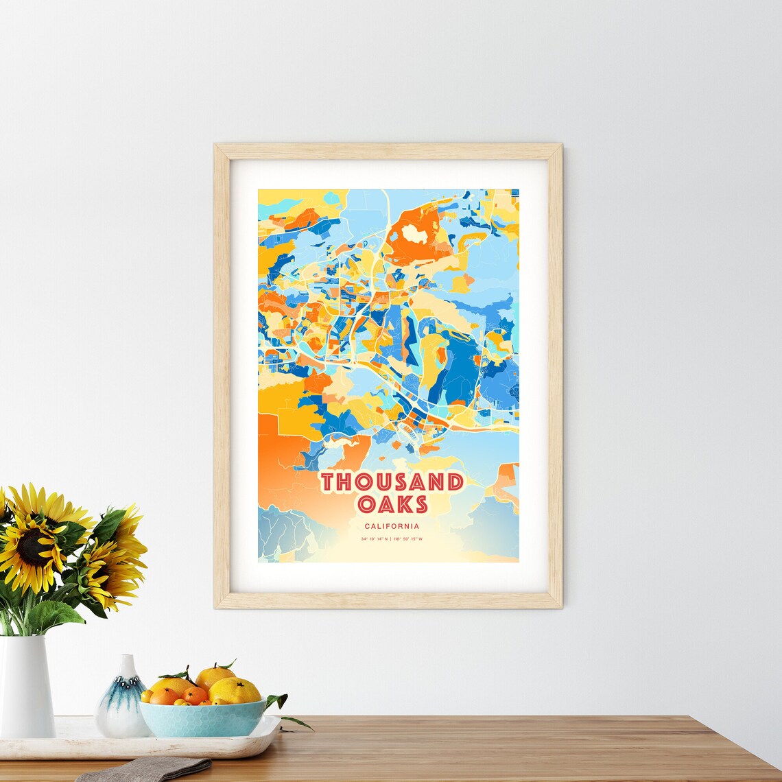 Thousand Oaks California Colorful Blue Orange Abstract City Map Poster - Image 2