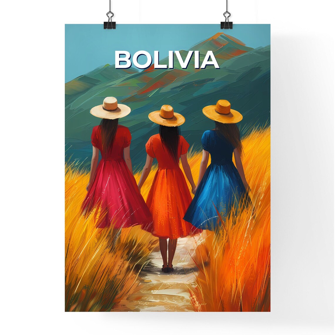 Bolivia Three Women Straw Hats Mountain Fields Vintage Travel Poster - Image 4