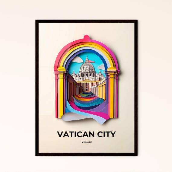 Vivid Vatican City Vatican A Paper Cut Print Of A Building With A Rainbow Arch Fine Art Print Customizable