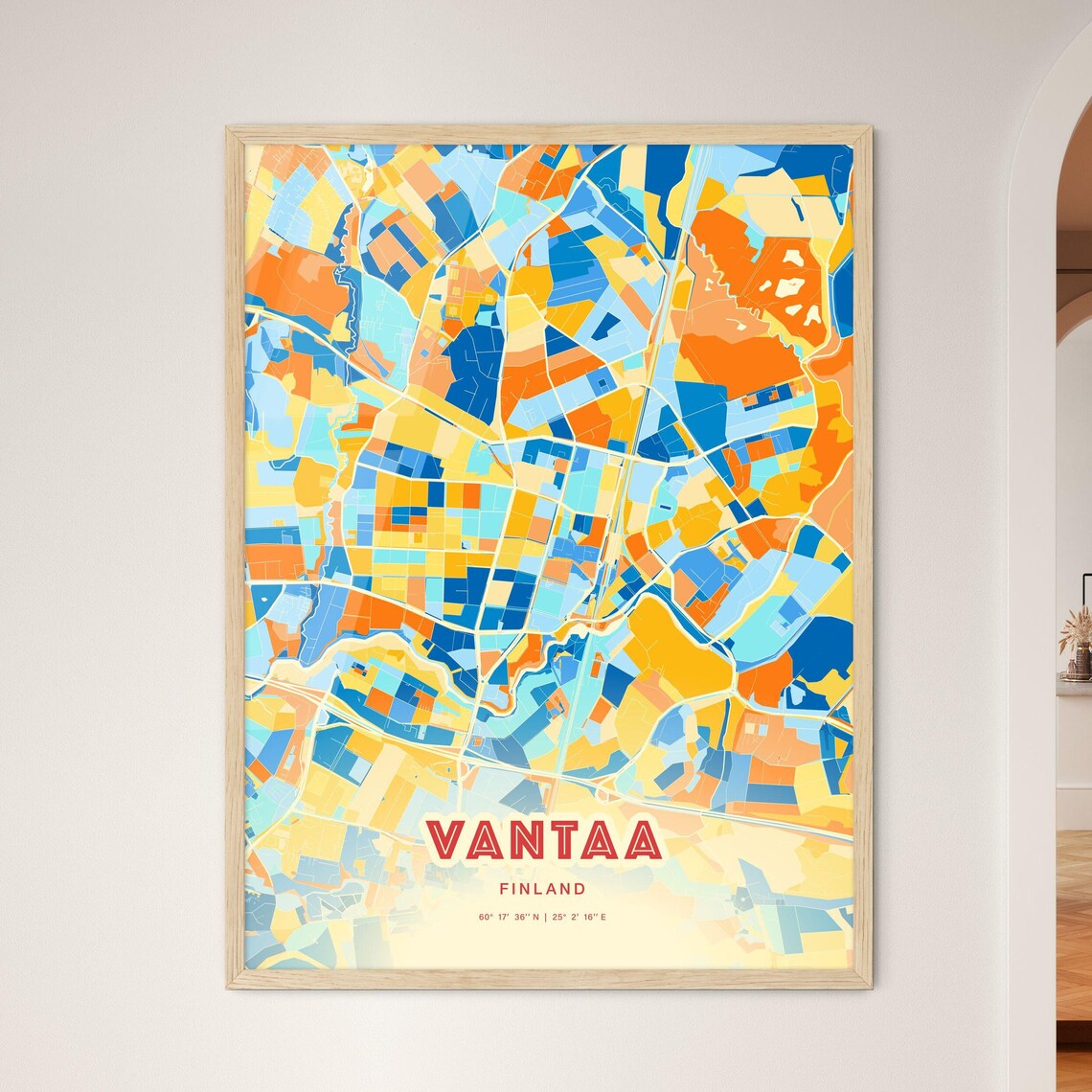 Vantaa Finland Blue Orange Colorful City Map Art Poster With Coordinates