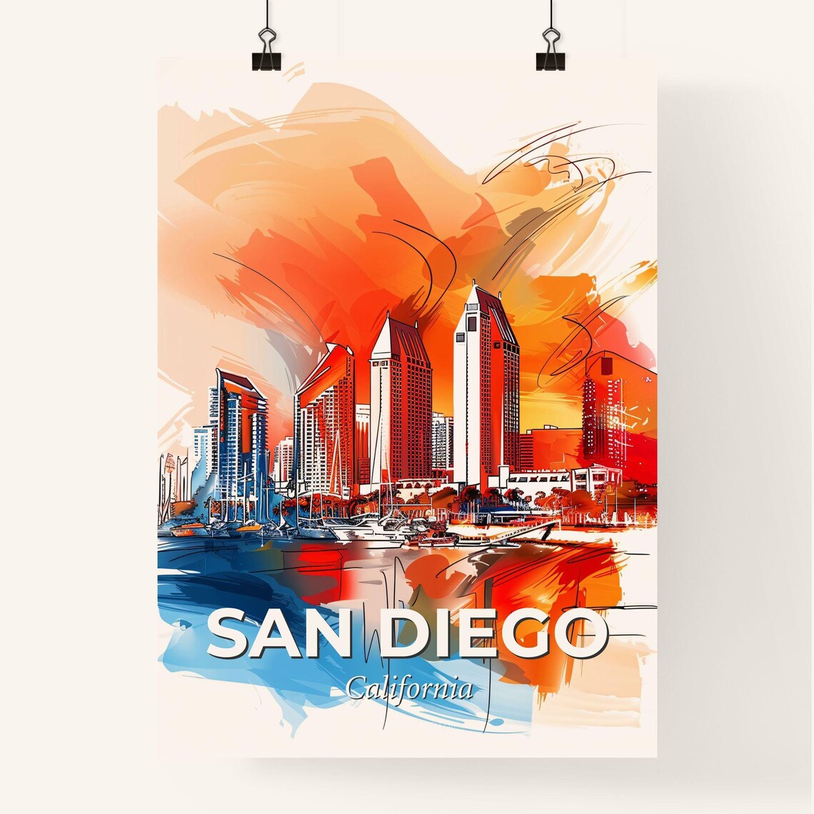 San Diego California Colorful Abstract Harbor Skyline Art Poster - Image 4