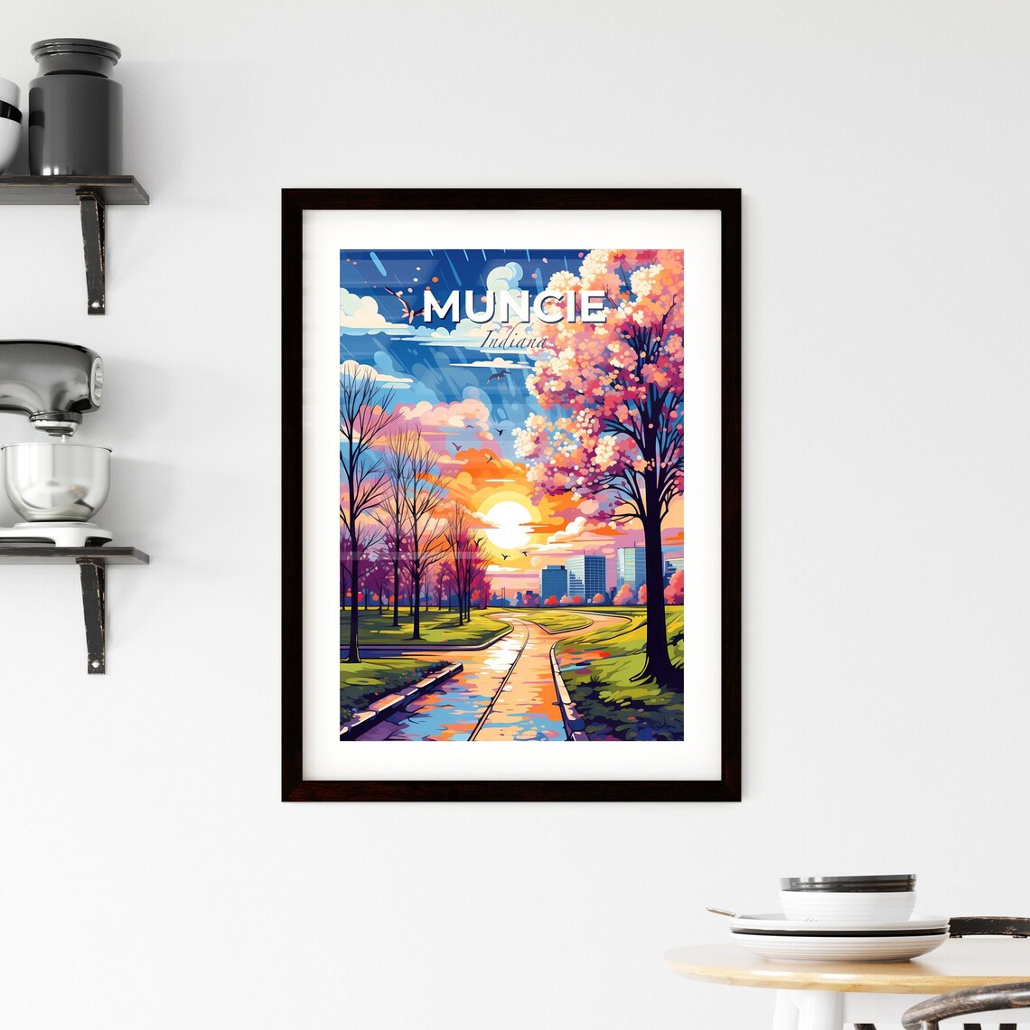 Muncie Indiana Blossom Park Pathway Skyline Sunset Travel Poster - Image 2