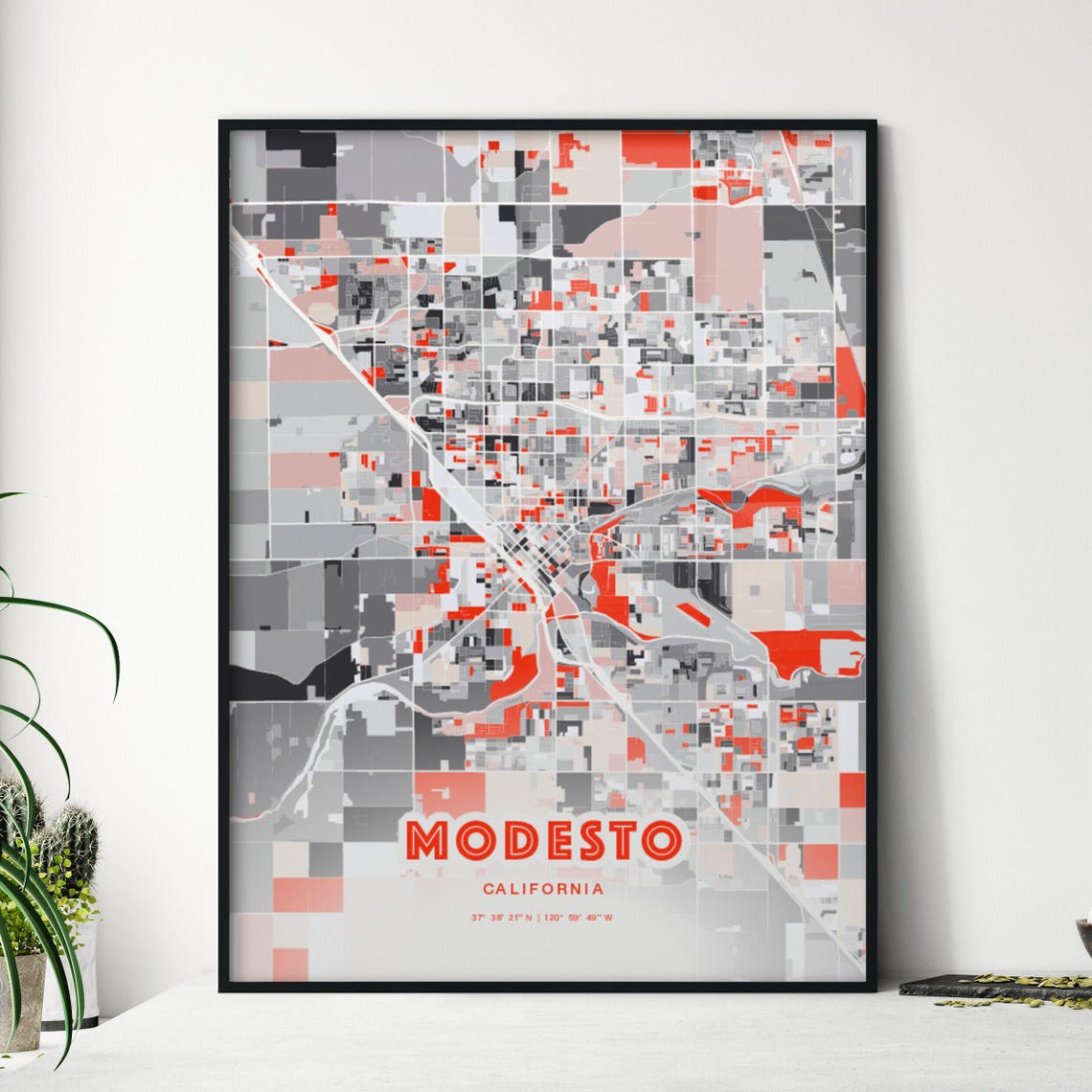 Modesto California Expressive Red Abstract City Map Art Poster