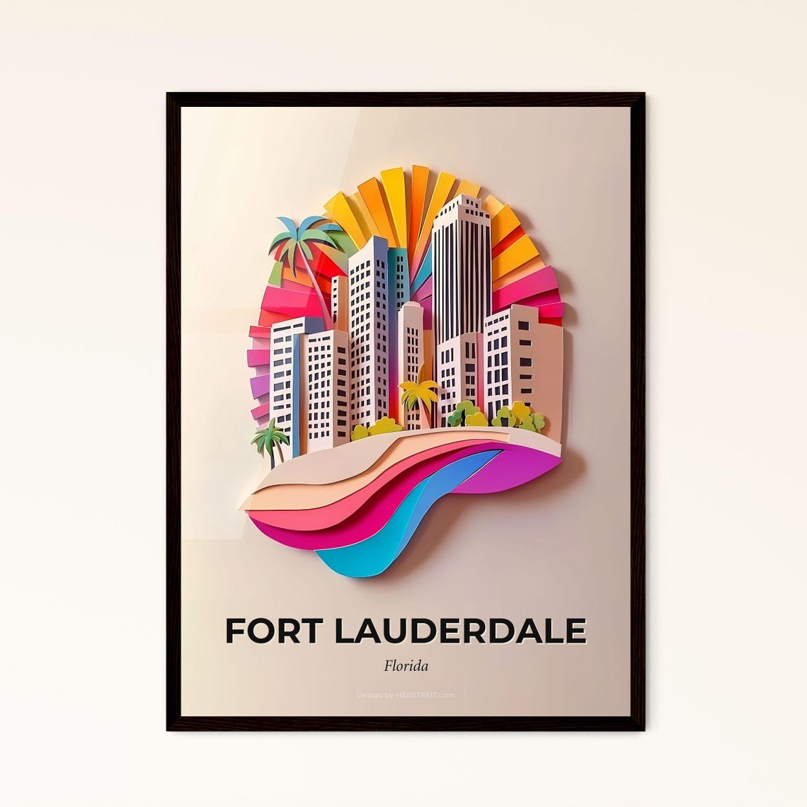Fort Lauderdale Florida Colorful Paper Cut Palms Skyline Poster