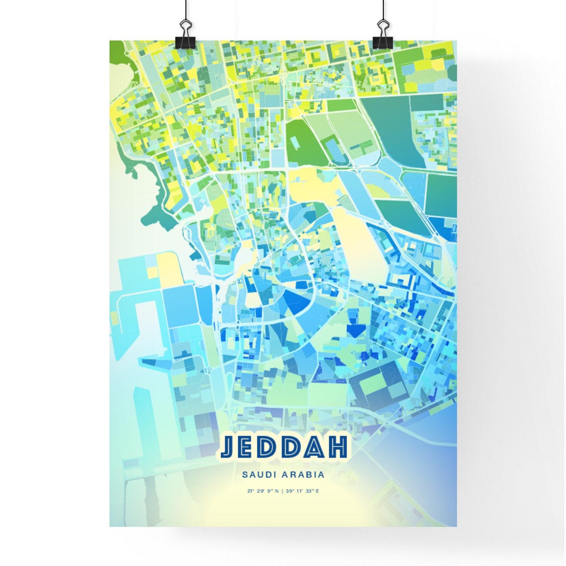 Jeddah Saudi Arabia Bluish Watercolor City Map Art Poster Wall Decor - Image 3