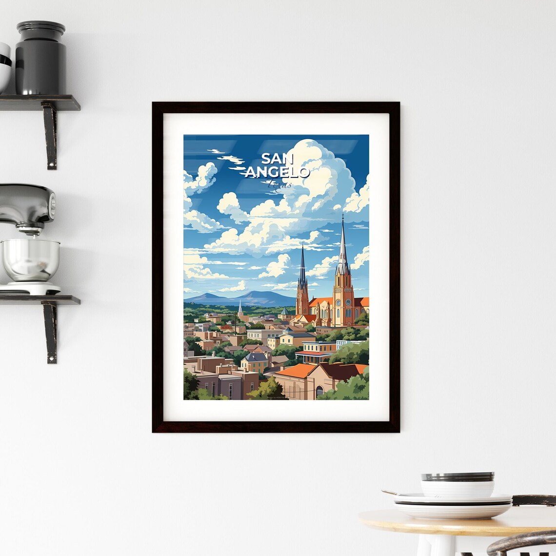 San Angelo Texas Church Spires Blue Sky Town View Travel Poster - Image 2