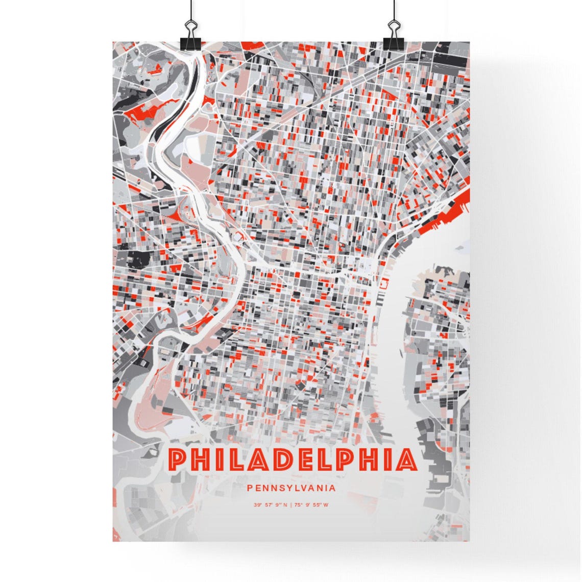 Philadelphia Pennsylvania Red and Grey Expressive City Map Art Poster - Image 3