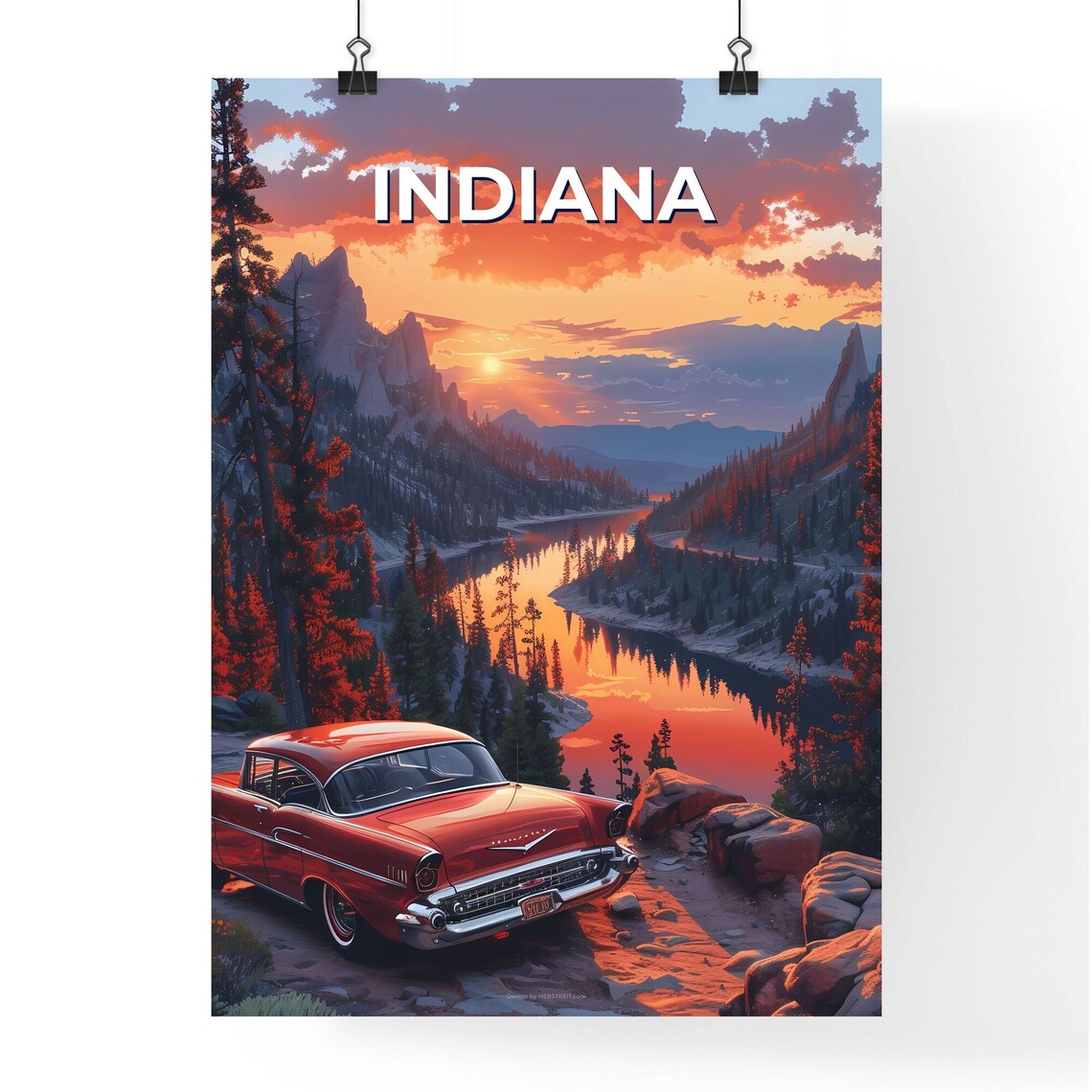 Indiana Vintage Red Car Mountain Lake Sunset Travel Art Poster - Image 4
