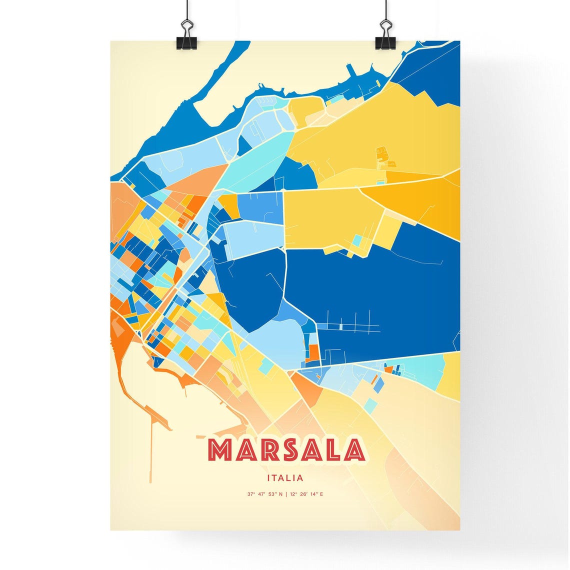 Marsala Italy Colorful Blue and Orange Retro City Street Map Wall Art - Image 3